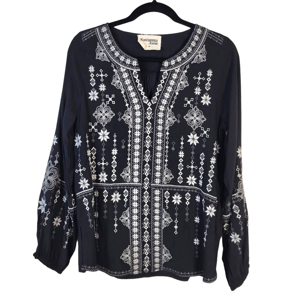 Savanna Jane Blouse Women's M Black White Gray Embroidered Boho Chic Feminine